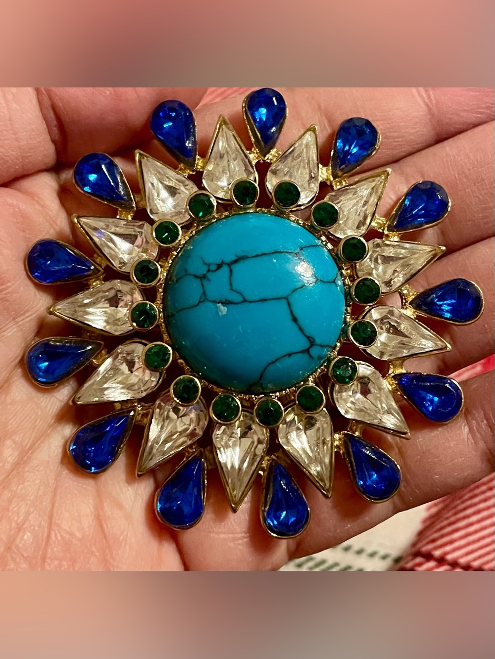 Turquoise Statement Sunburst Brooch with Blue, Green & Clear Stones